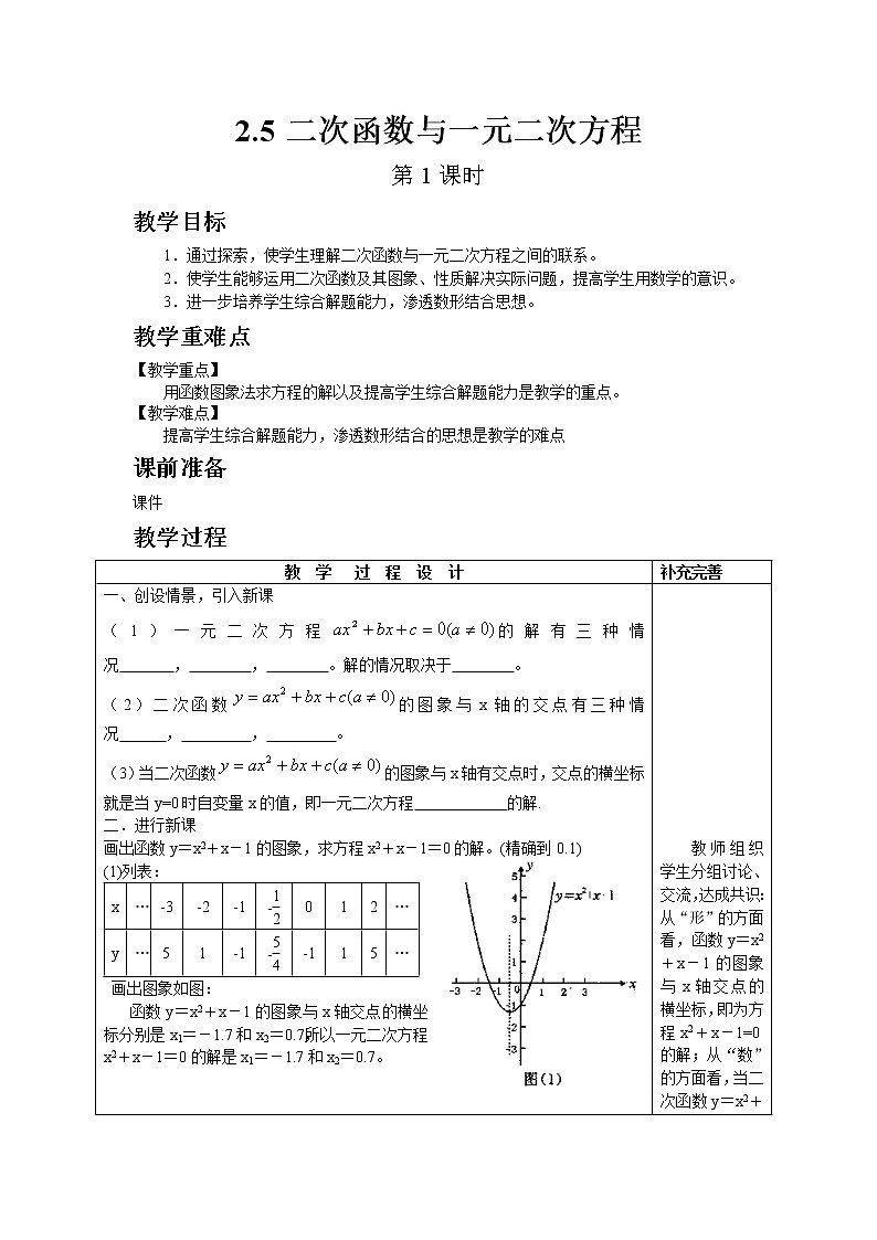 北师大版数学九年级下册2.5 二次函数与一元二次方程（第1课时）教案第1页