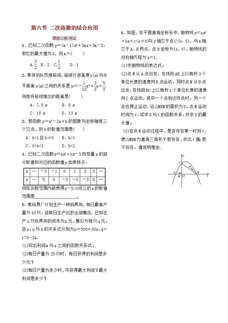 中考数学复习第三章函数及其图像第六节二次函数的综合应用课前诊断测试01