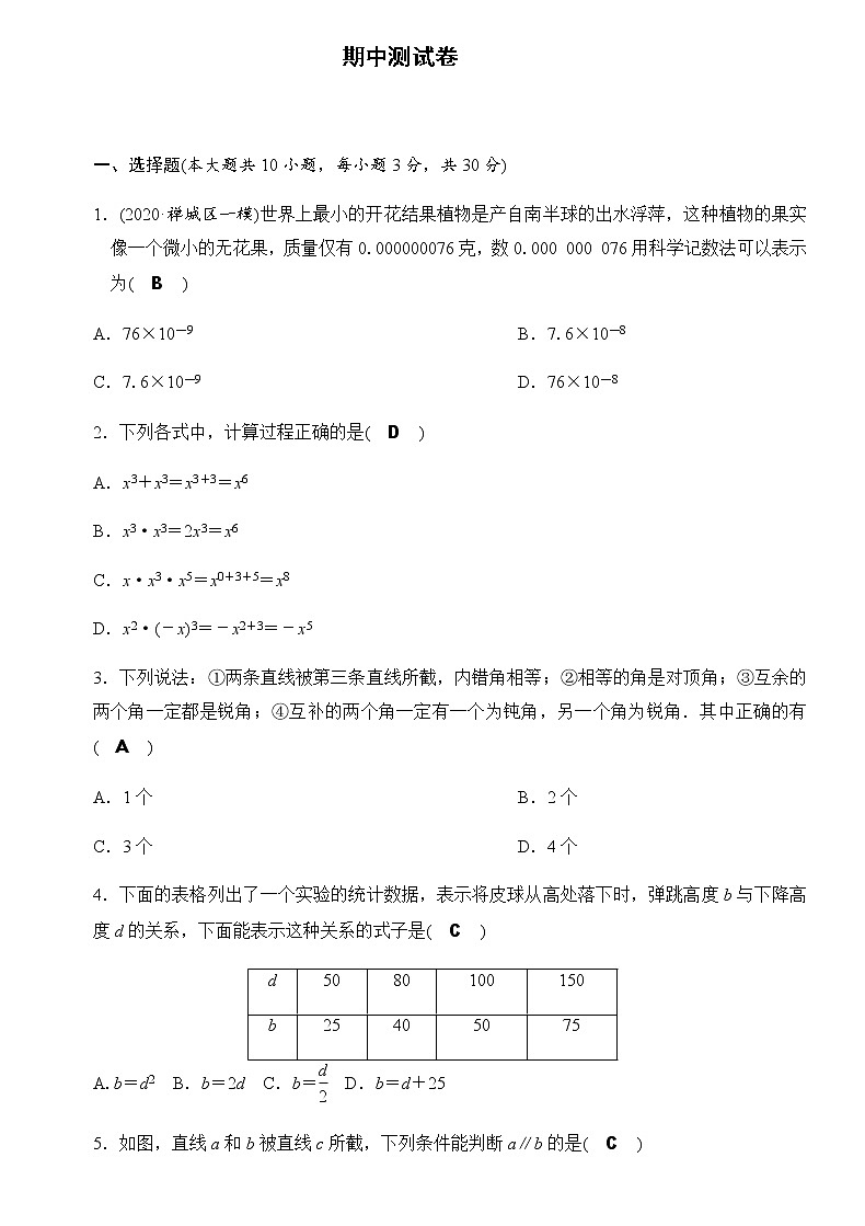 2020---2021学年北师大版七年级数学下册  期中综合测试卷01
