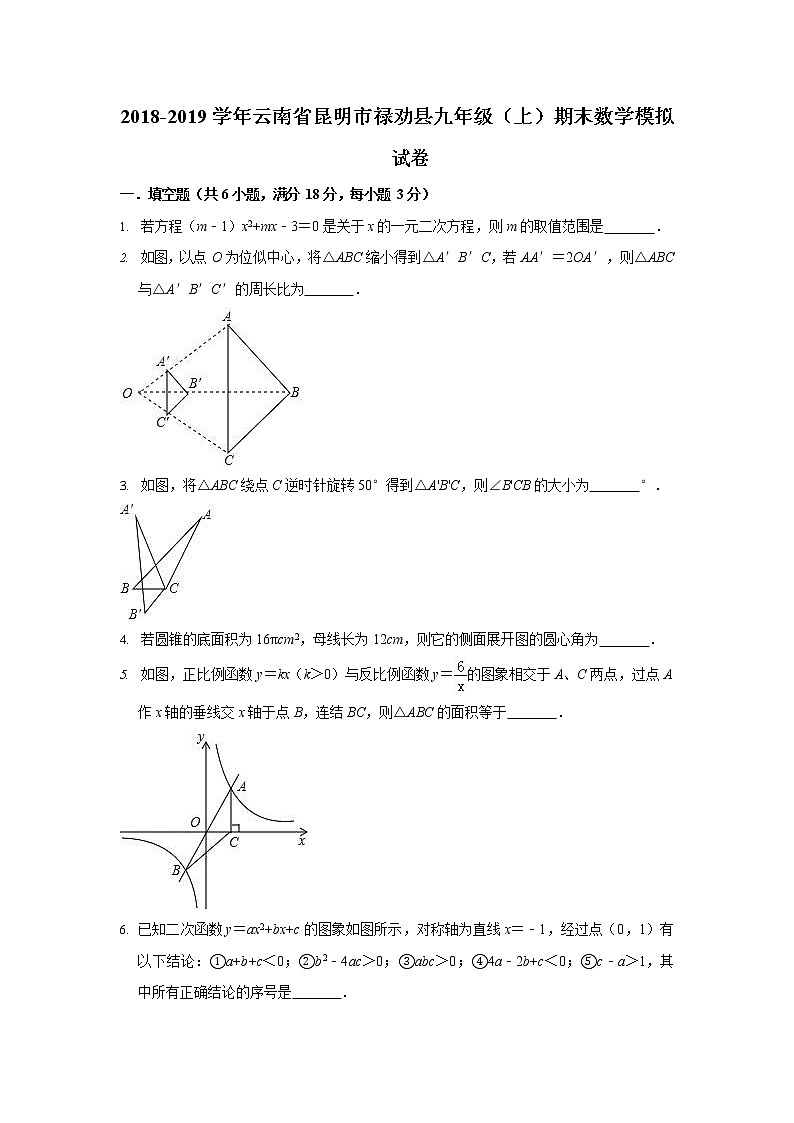 2018-2019学年云南省昆明市禄劝县九年级上期末数学模拟试卷（含答案）01