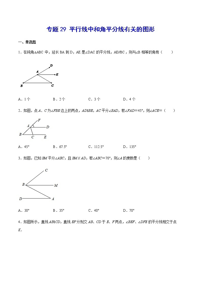 中考数学几何模型加强版 模型29 平行线中和角平分线有关的图形 试卷01