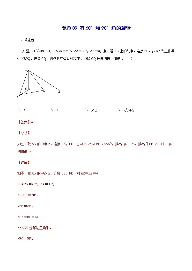 中考数学几何模型加强版 模型09 有60°和90°角的旋转 试卷01
