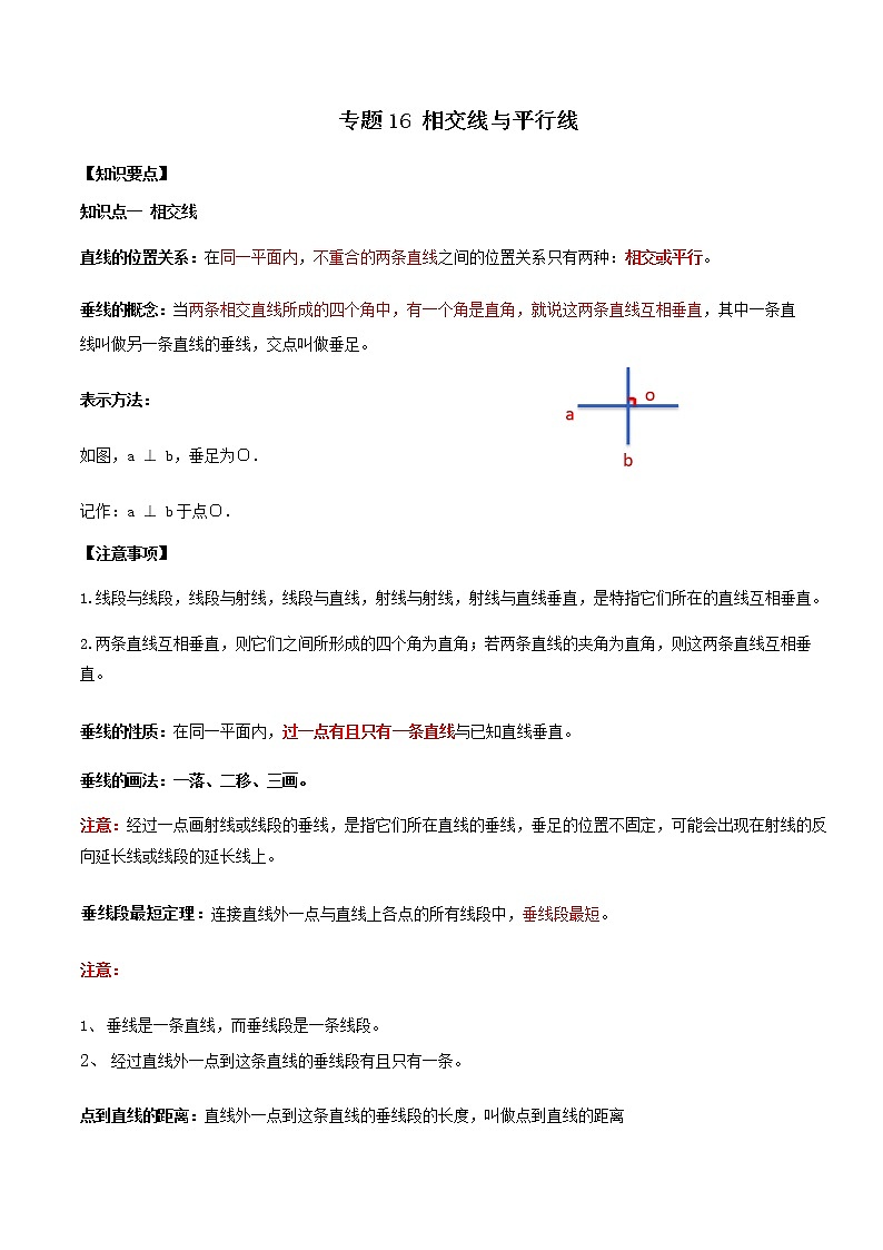 专题16 相交线与平行线-2021年中考数学一轮复习精讲+热考题型（原卷版）第1页