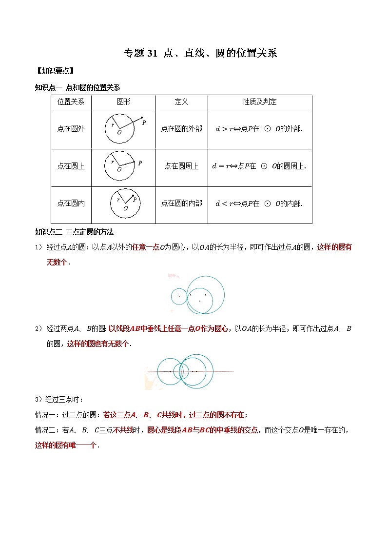 专题31 点、直线、圆的位置关系（知识点串讲）-2021年中考数学一轮复习精讲+热考题型01