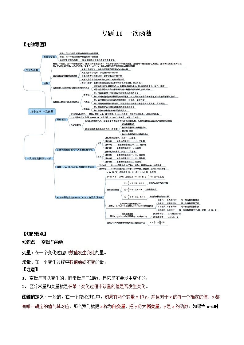 专题11 一次函数 -2021年中考数学一轮复习精讲+热考题型（原卷版）第1页