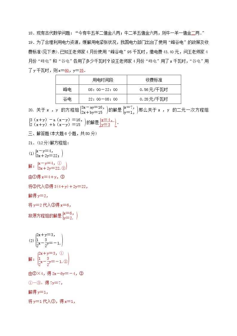 人教版七年级数学下册：第八章二元一次方程组精品单元测试卷（含答案）03