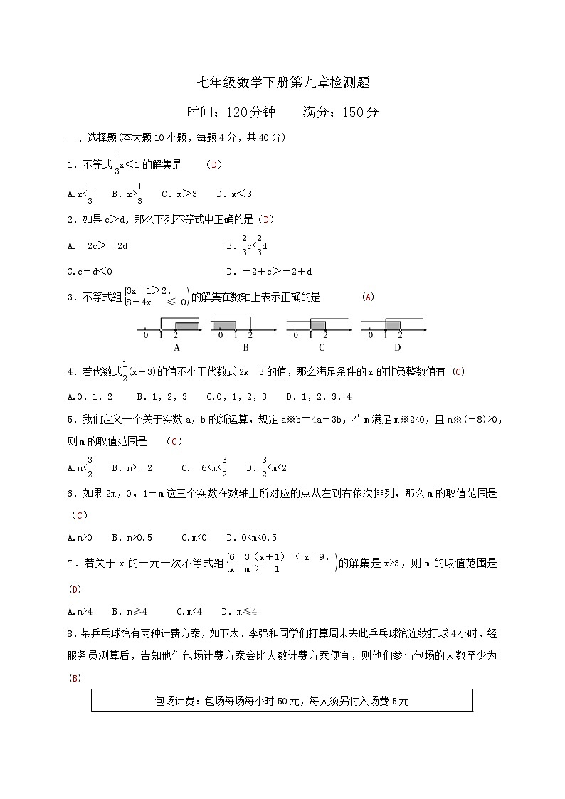 人教版七年级数学下册：第九章不等式与不等式组精品单元测试卷（含答案）01