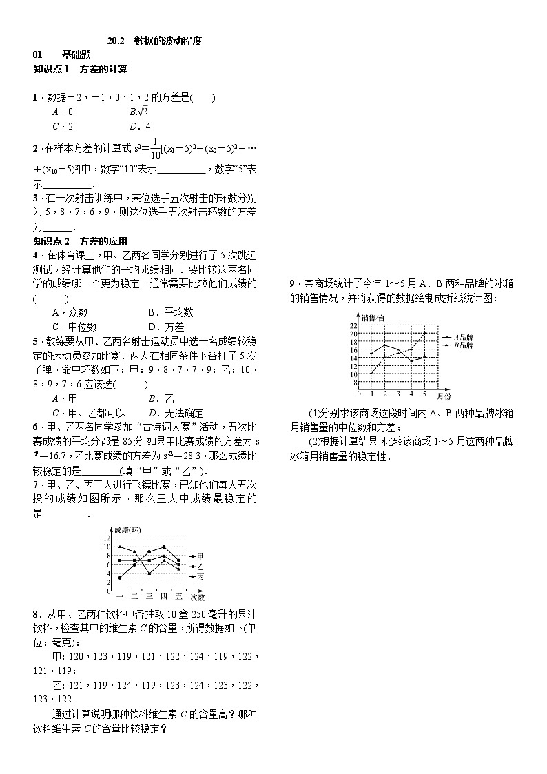人教版数学八年级下册20.2数据的波动程度精选练习 (含答案)01