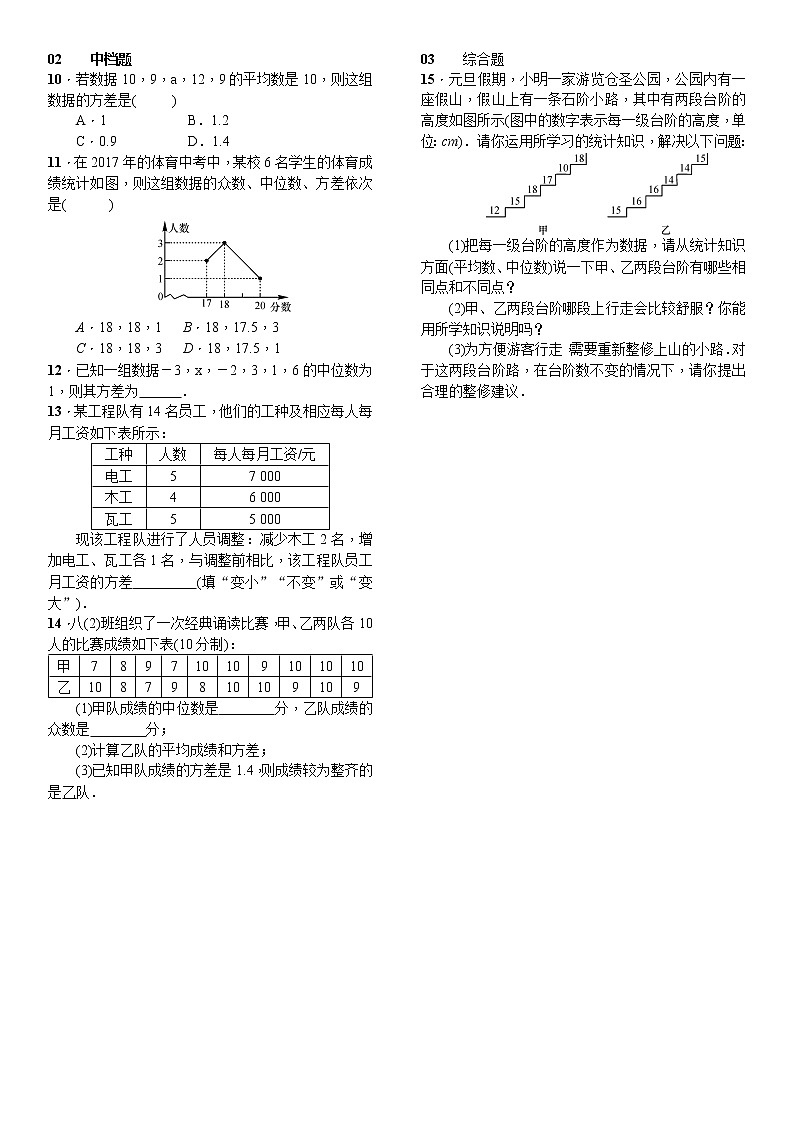 人教版数学八年级下册20.2数据的波动程度精选练习 (含答案)02