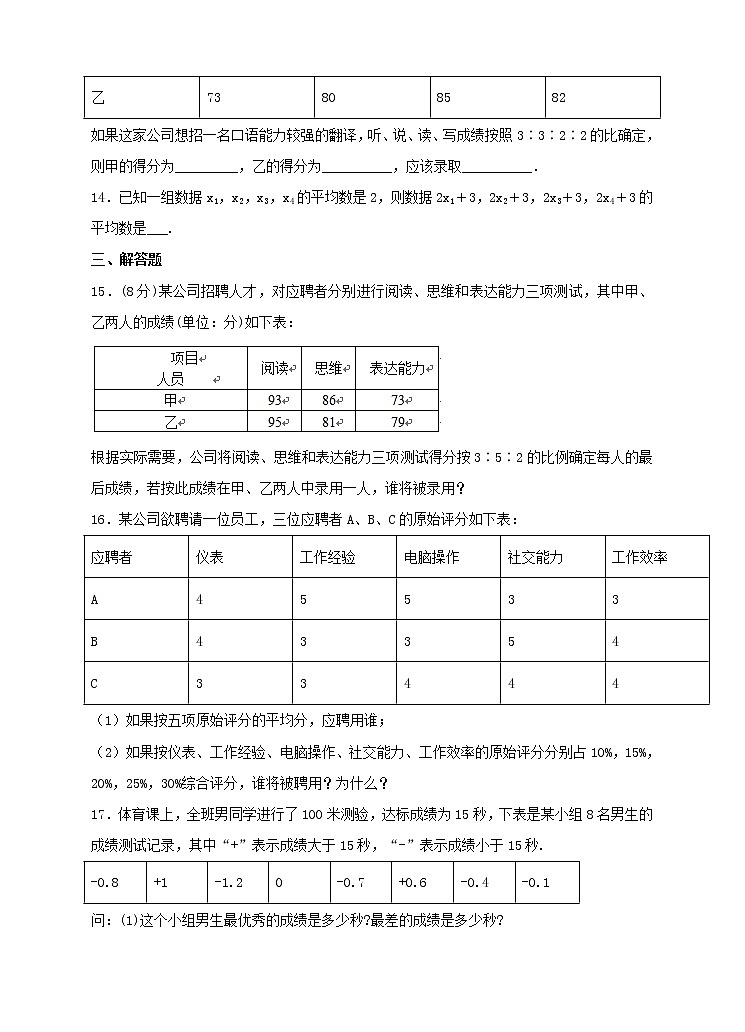 八年级下册数学：20.1.1 平均数同步练习（含答案）03