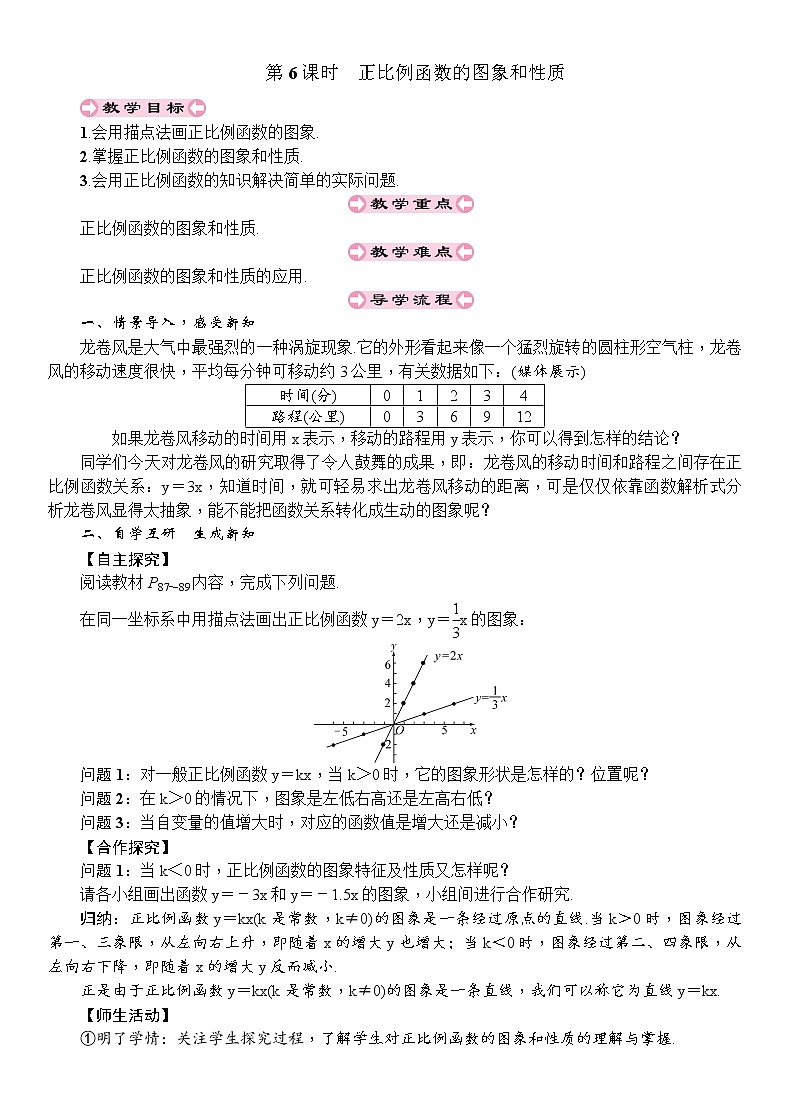 人教版八年级数学下册：第19章一次函数第6课时正比例函数的图象和性质导学案01