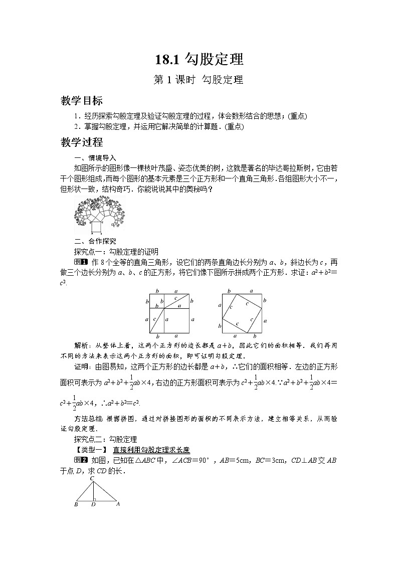 沪科版数学八年级下册18.1 第1课时 勾股定理教案01