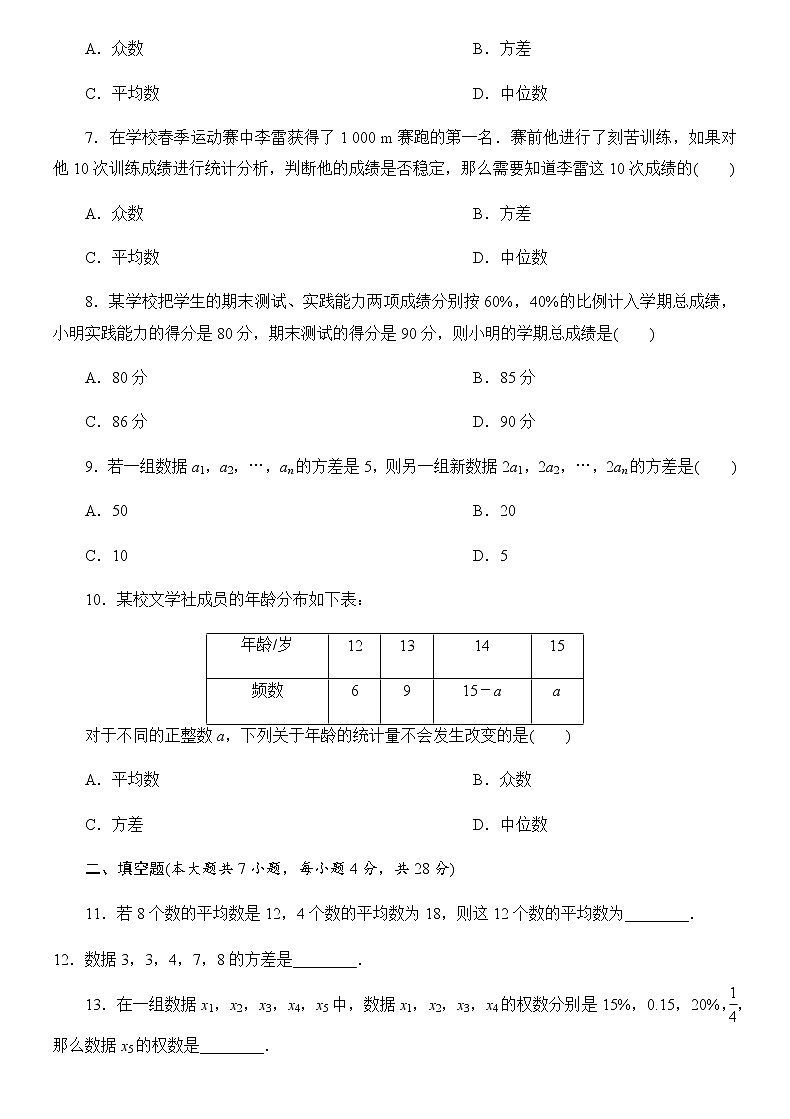 2020-2021学年人教版八年级数学下册第20章  数据的分析单元测试卷02