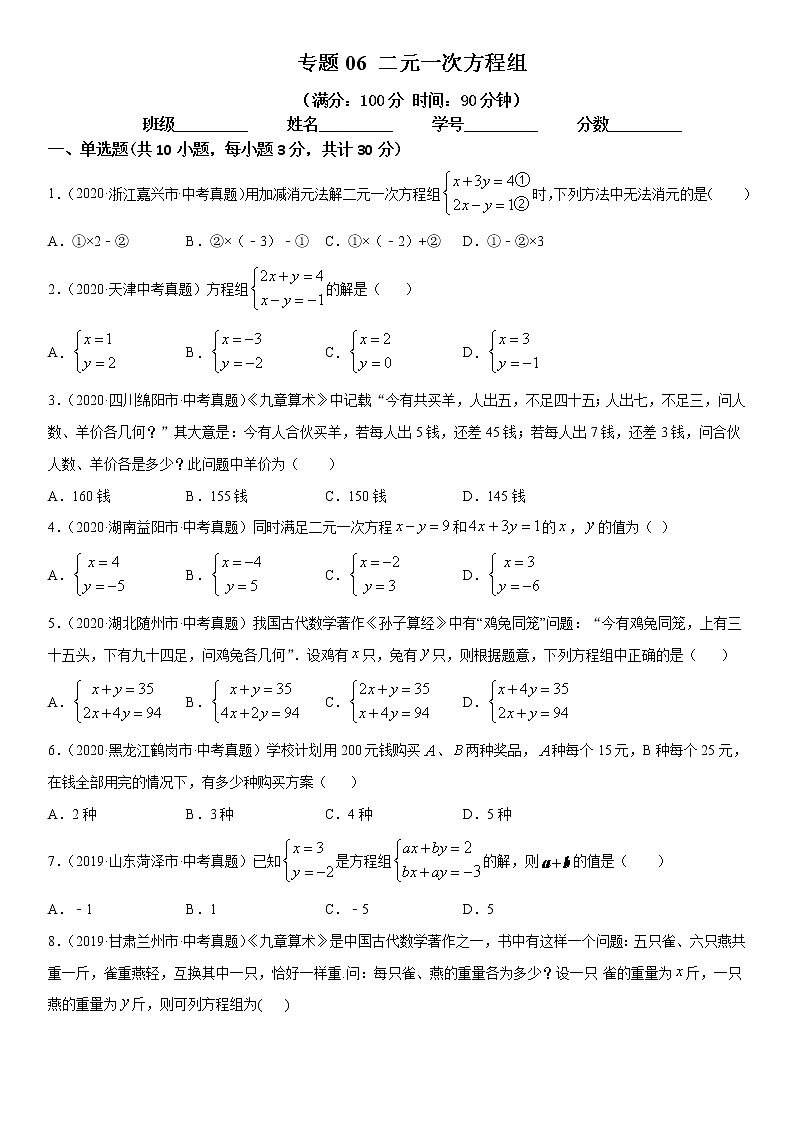 专题06 二元一次方程组（专题测试）原卷 中考数学复习第1页