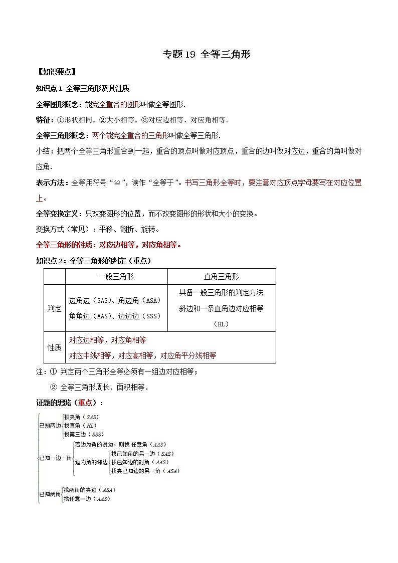 专题19  全等三角形（知识点串讲）原卷 中考数学复习第1页