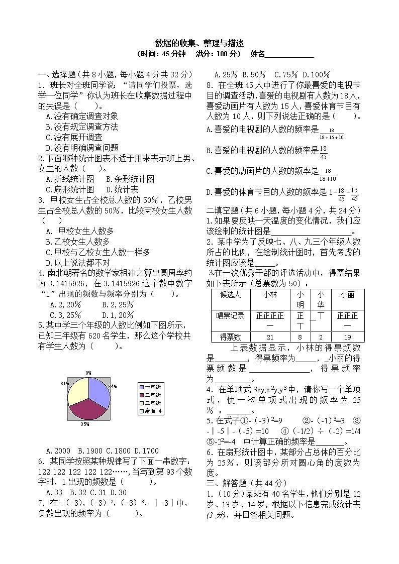 人教版七年级数学下册：第十章数据的收集、整理与描述单元测试题（基础题）01