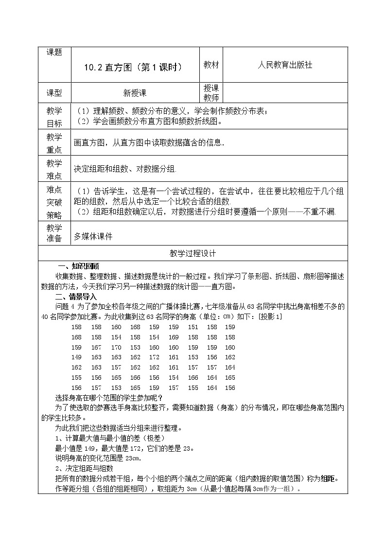 人教版七年级数学下册10.2.1《频数分布图相关概念》教案01