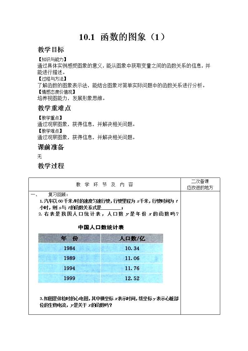 青岛版数学八年级下册10.1 函数的图象（1）教案01