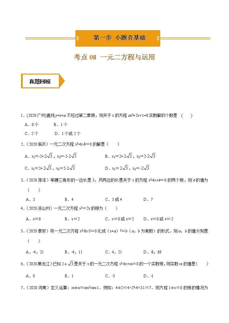 考点08  一元二次方程与运用-2021年《三步冲刺中考•数学》（广东专版）之第1步小题夯基础01