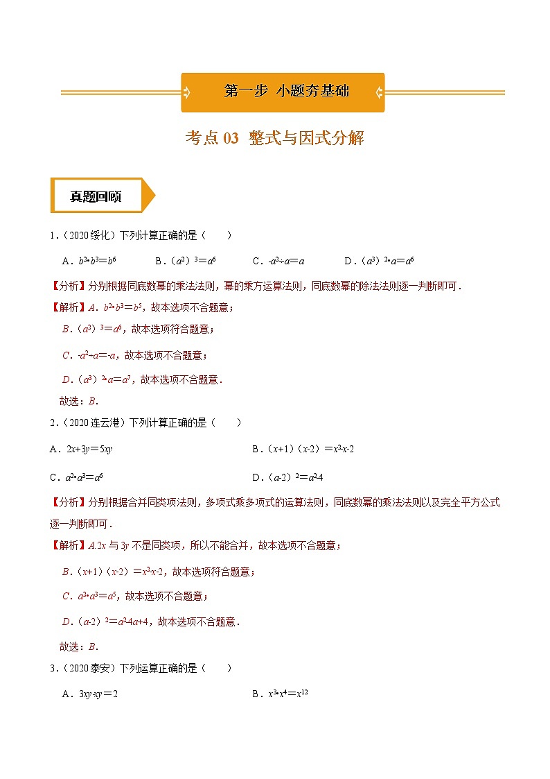 考点03  整式与因式分解-2021年《三步冲刺中考•数学》（广东专版）之第1步小题夯基础01