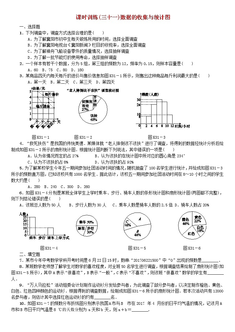 人教版中考数学第一轮考点过关：第8单元统计与概率第31课时数据的收集与统计图课时训练（含答案）试卷01