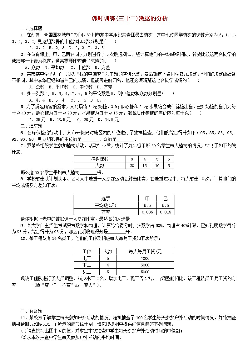 人教版中考数学第一轮考点过关：第8单元统计与概率第32课时数据的分析课时训练（含答案）试卷01