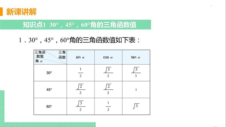 九年级下册数学北师大版 第一章 直角三角形的边角关系 2  30° ，45°，60°角的三角函数值 课件06