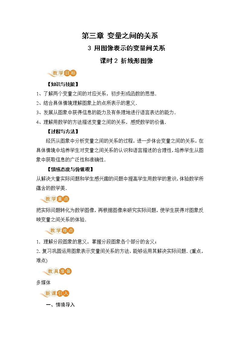 七年级数学北师大版下册 第三章 变量之间的关系 3 用图像表示的变量间关系 课时2 折线形图像第1页