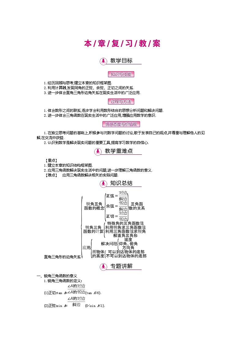 北师大版九年级数学下册教案：第一章　直角三角形的边角关系 复习教案01