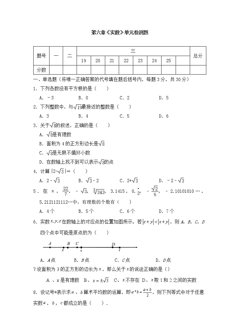 人教版七年级数学下册 第六章《实数 》单元同步检测试题（含答案）01
