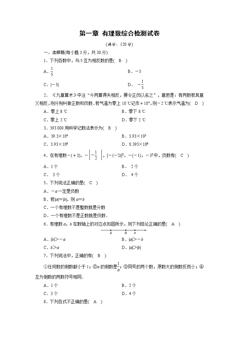 人教数学·七年级上册：第一章 有理数 综合检测试卷1第1页
