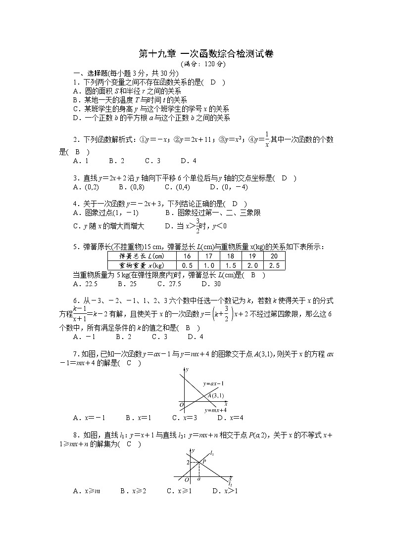 人教数学·八年级下册：第十九章 一次函数 综合检测试卷01