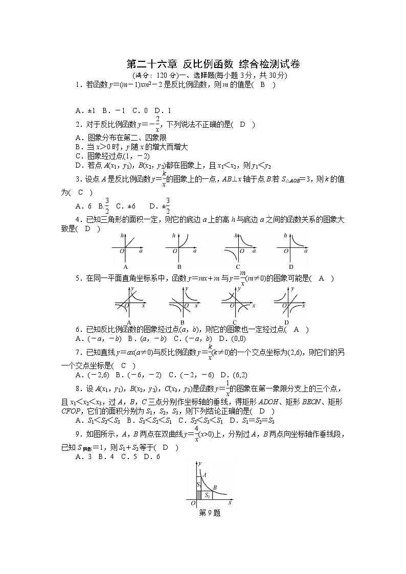 人教数学·九年级下册：第二十六章 反比例函数 综合检测试卷（含答案）01