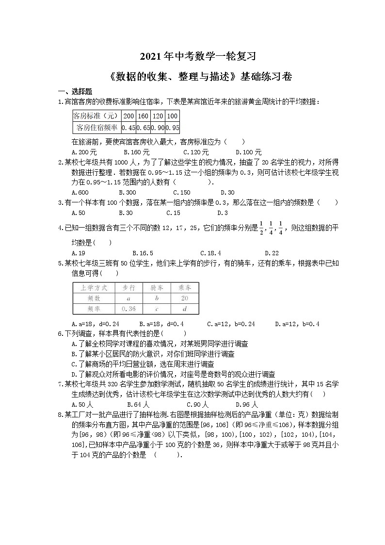 2021年中考数学一轮复习《数据的收集、整理与描述》基础练习卷(含答案)01