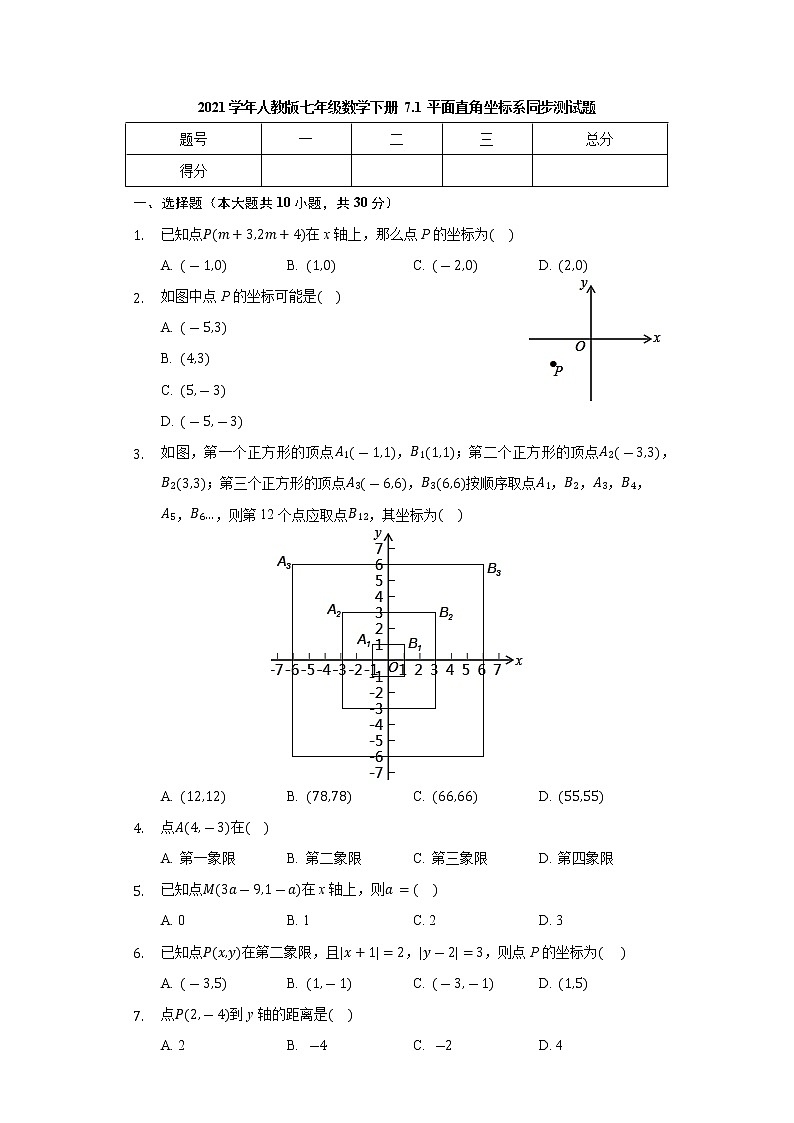 2020-2021学年七年级数学人教版下册 7.1 平面直角坐标系 同步测试题01