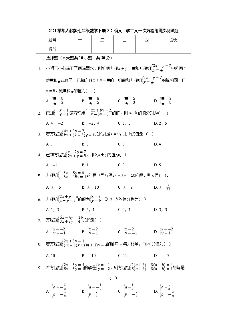 2020-2021学年七年级数学人教版下册 8.2 消元---解二元一次方程组 同步测试题第1页