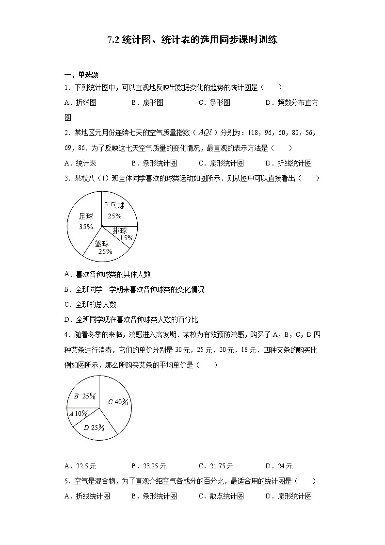苏科版 八下 7.2统计图、统计表的选用同步课时训练（word版含答案）试卷01