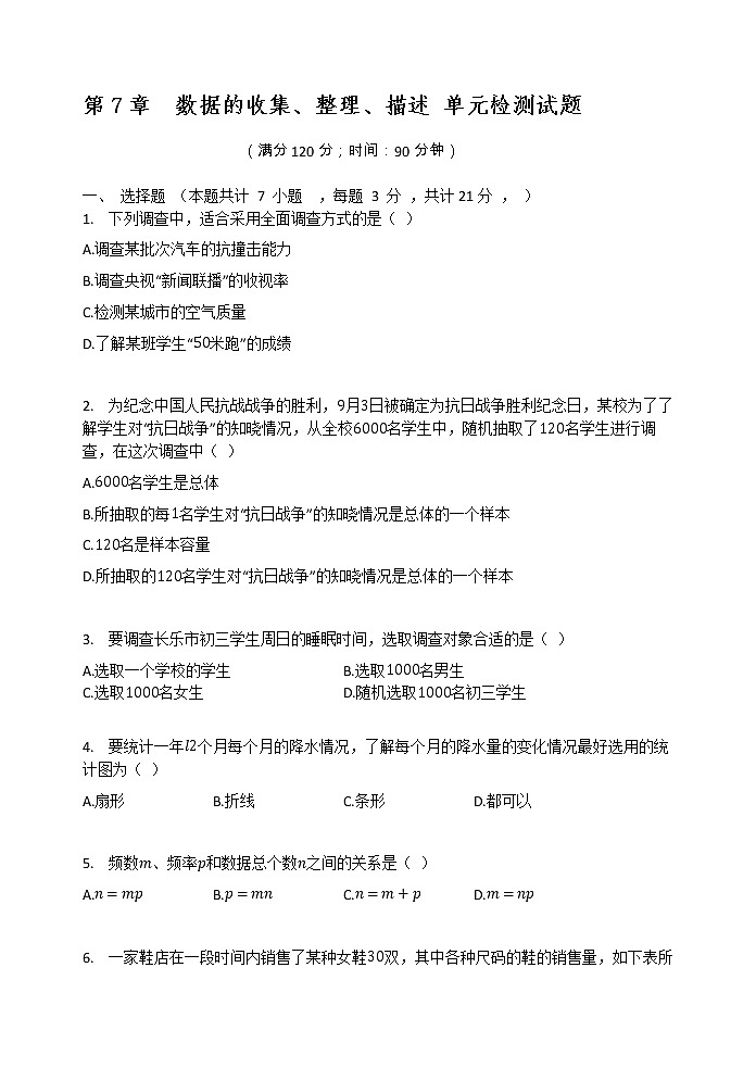 最新苏科版数学八年级下册 第7章  数据的收集、整理、描述 单元检测试题01