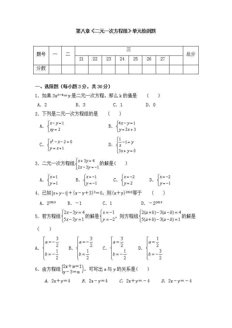 2020--2021学年人教版七年级数学下册第八章《二元一次方程组》单元同步检测试题（含答案）01