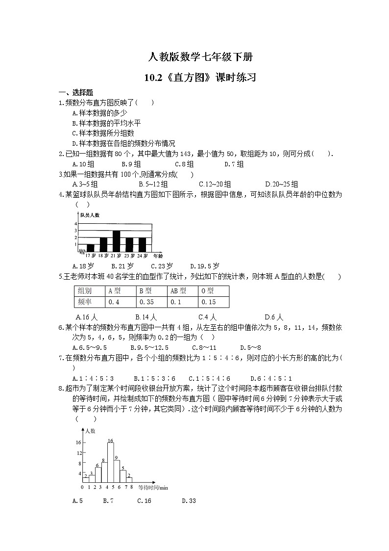2021年人教版数学七年级下册10.2《直方图》课时练习(含答案)01