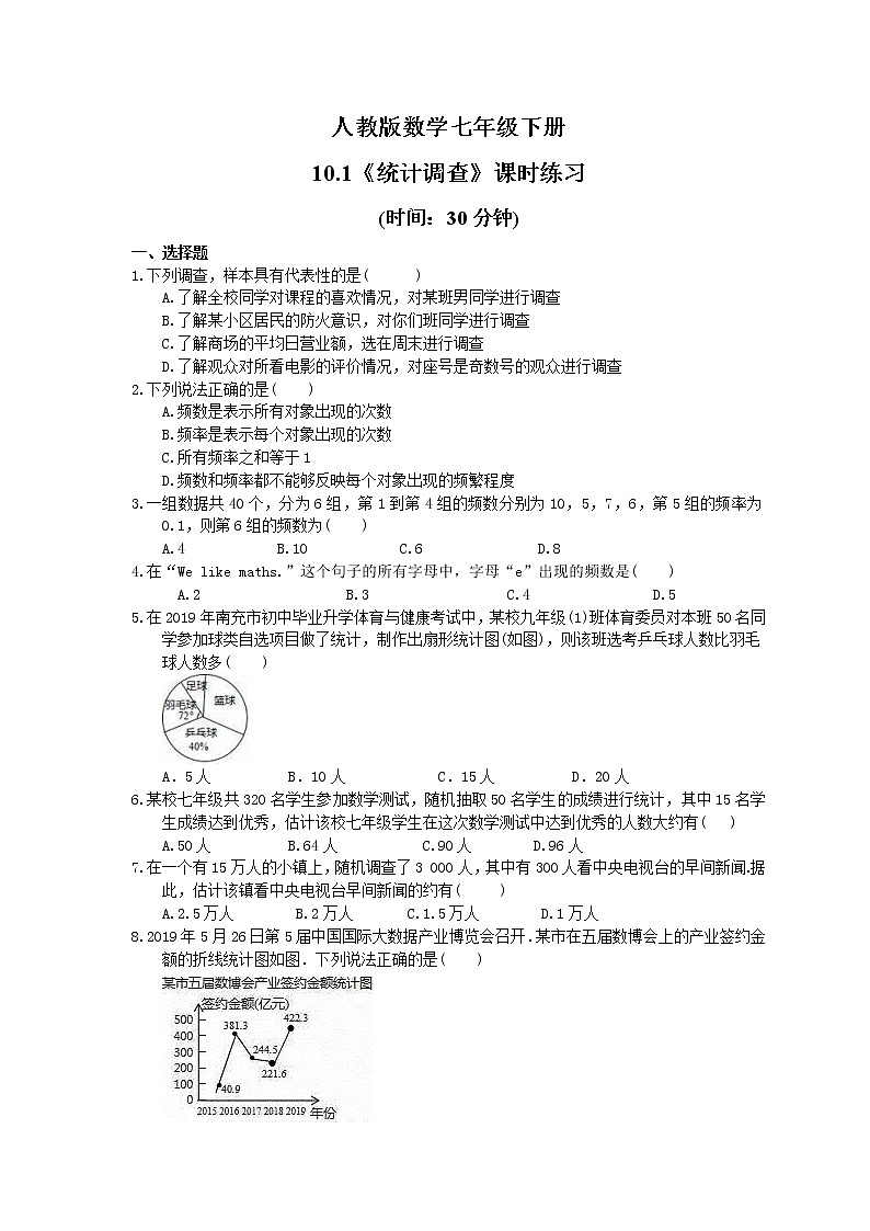 2021年人教版数学七年级下册10.1《统计调查》课时练习(含答案)01