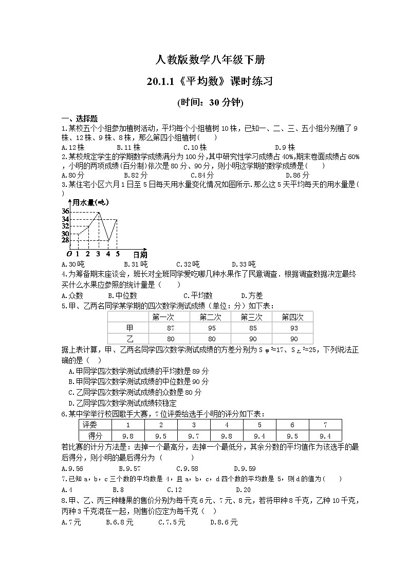 试卷  2021年人教版数学八年级下册20.1.1《平均数》课时练习(含答案)第1页