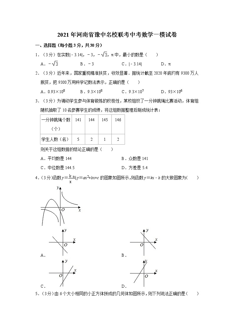 2021年河南省豫中名校联考中考数学一模试卷   解析版第1页