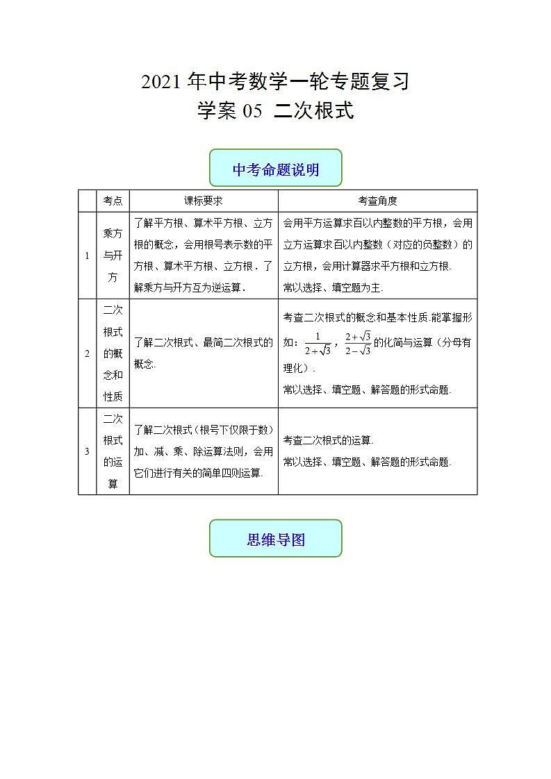 专题05 二次根式-2021年中考数学二轮复习专题 学案+课件01