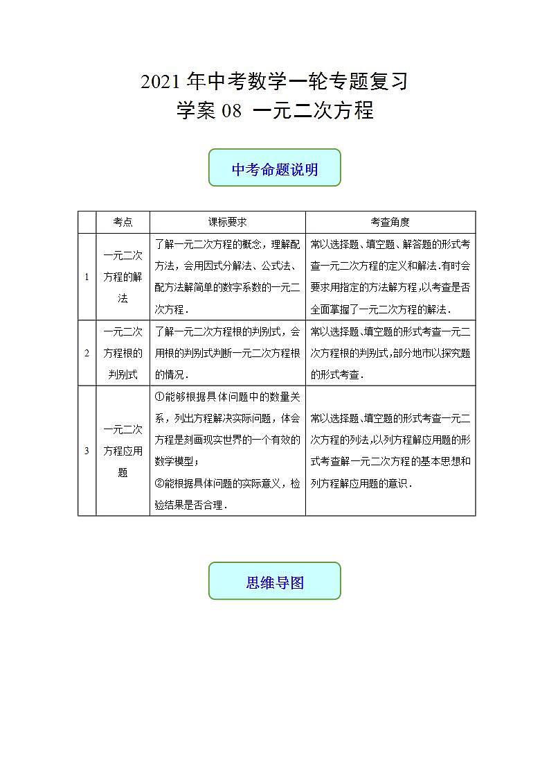 专题08 一元二次方程-2021年中考数学二轮复习专题 学案+课件01