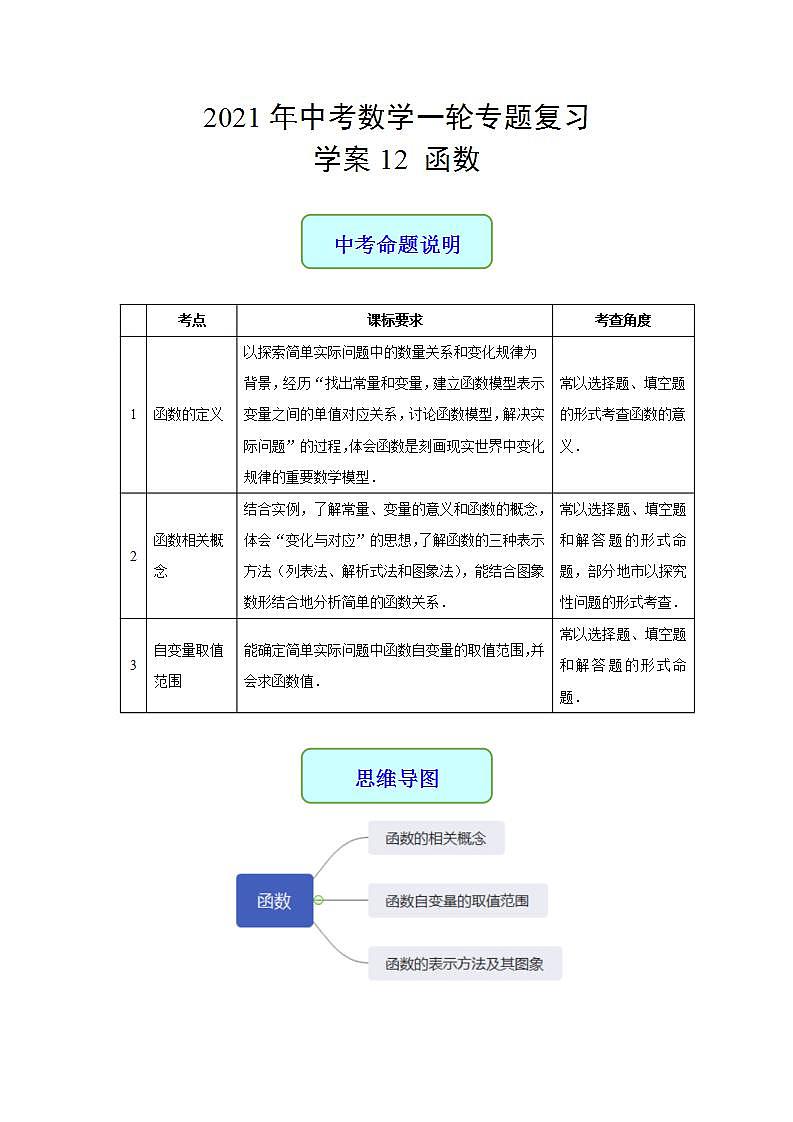 专题12 函数-2021年中考数学二轮复习专题 学案+课件01