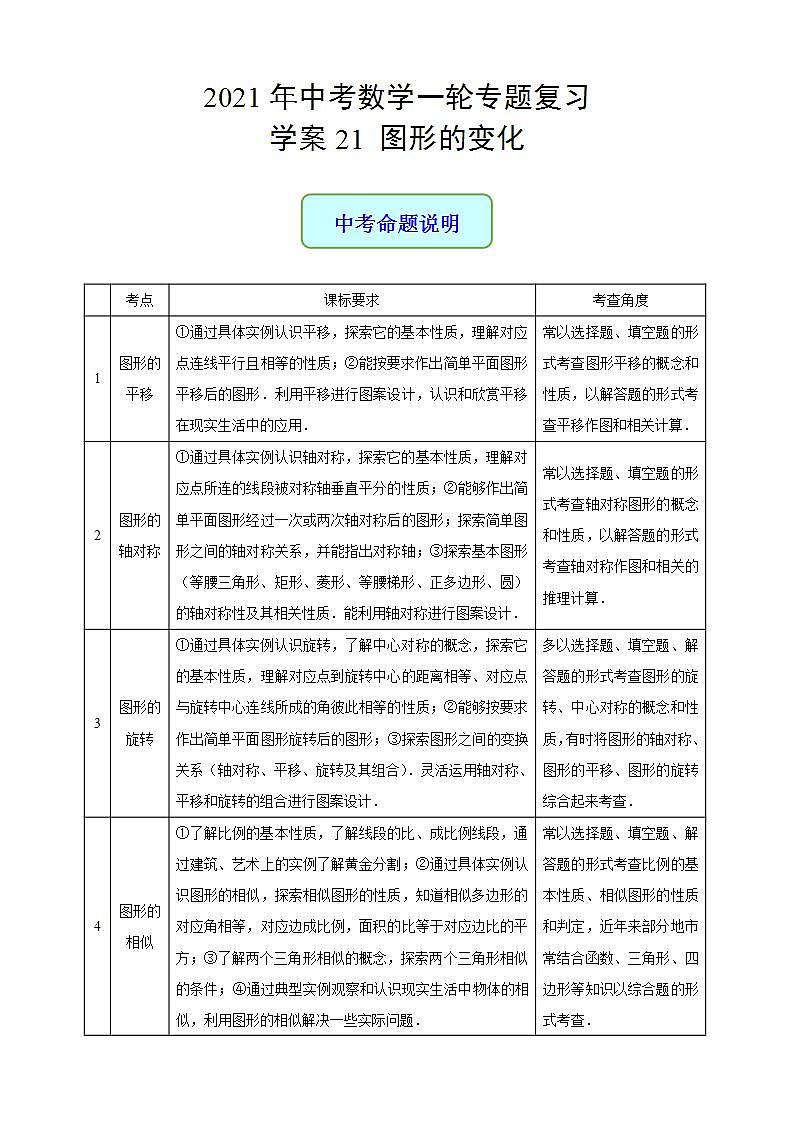 专题21 图形的变化-2021年中考数学二轮复习专题 学案+课件01