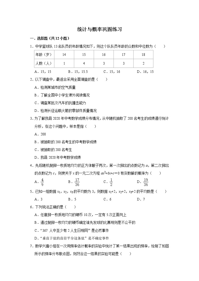 试卷 第3讲 统计与概率（含解析）-2021年九年级中考数学一轮复习专题训练（浙教版）01