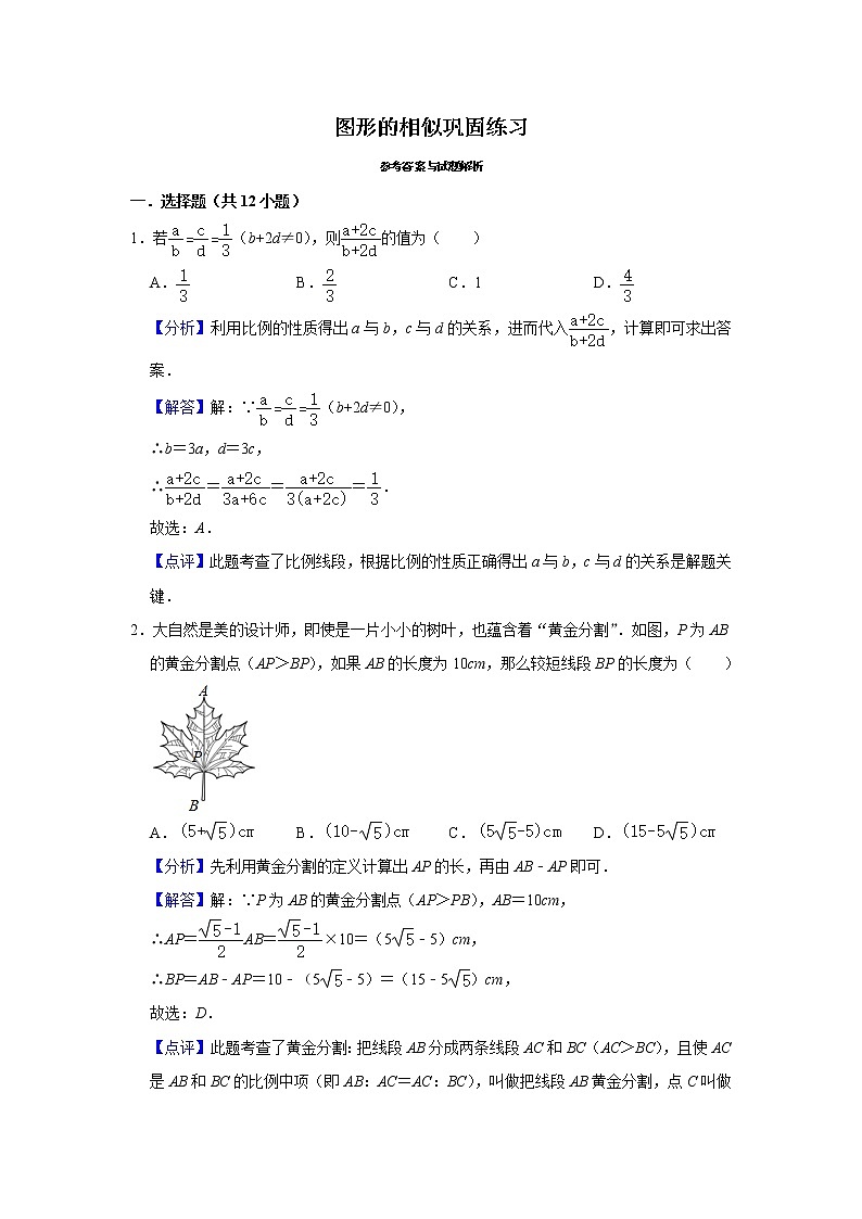 试卷 第9讲 图形的相似（含解析）-2021年九年级中考数学一轮复习专题训练（浙教版）01