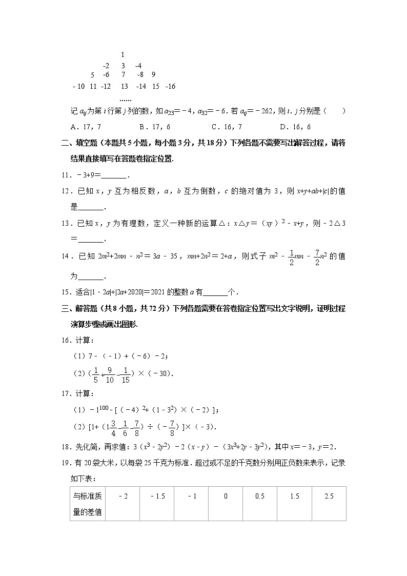 试卷 2020-2021学年湖北省武汉市武昌区七年级上学期期中数学试卷（word版 含答案）02